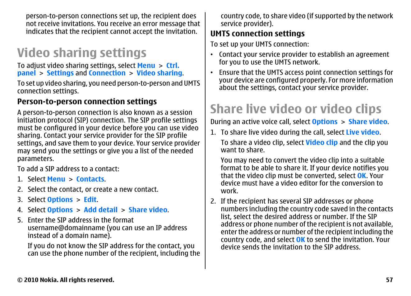 Video sharing settings, Share live video or video clips | Nokia E55 User Manual | Page 57 / 170