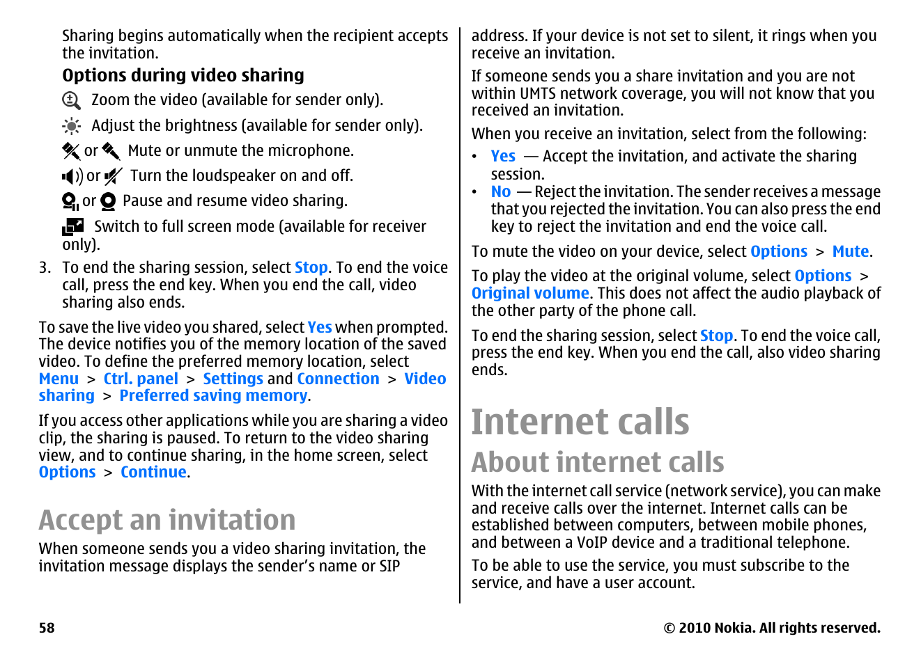 Accept an invitation, Internet calls, About internet calls | Nokia E55 User Manual | Page 58 / 170