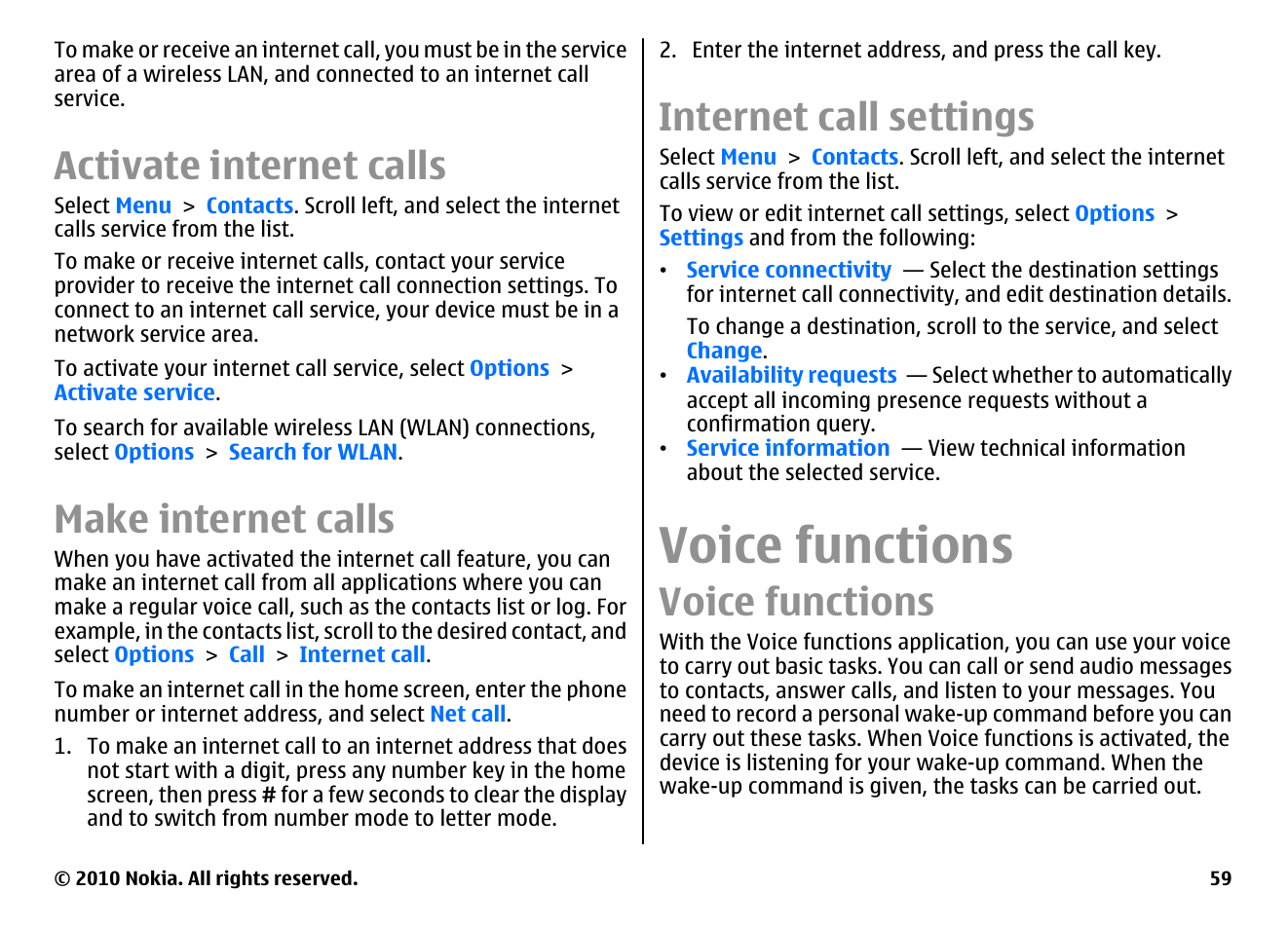 Activate internet calls, Make internet calls, Internet call settings | Voice functions | Nokia E55 User Manual | Page 59 / 170