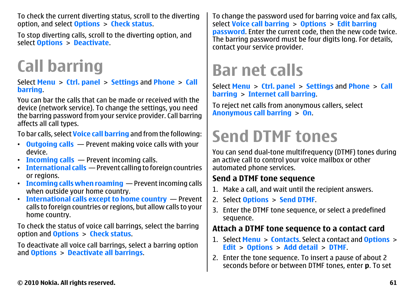 Call barring, Bar net calls, Send dtmf tones | Nokia E55 User Manual | Page 61 / 170