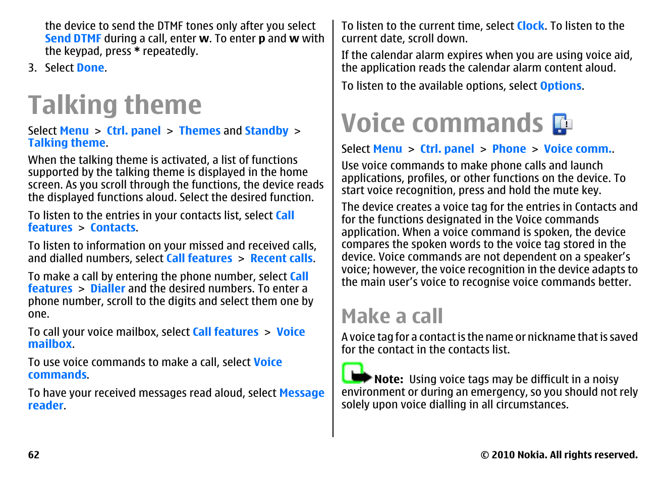 Talking theme, Voice commands, Make a call | Nokia E55 User Manual | Page 62 / 170