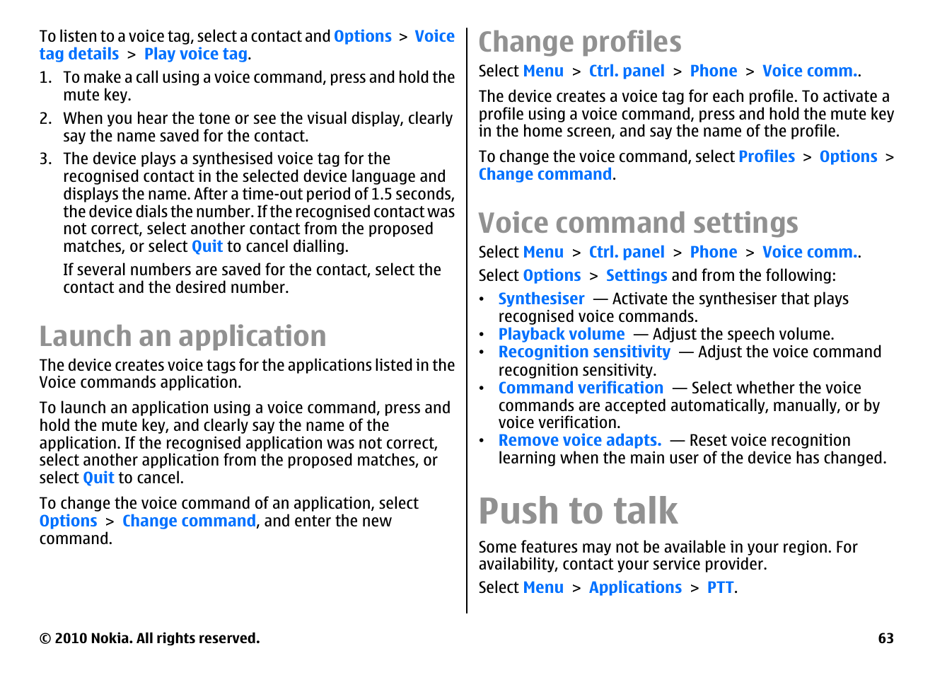 Launch an application, Change profiles, Voice command settings | Push to talk | Nokia E55 User Manual | Page 63 / 170