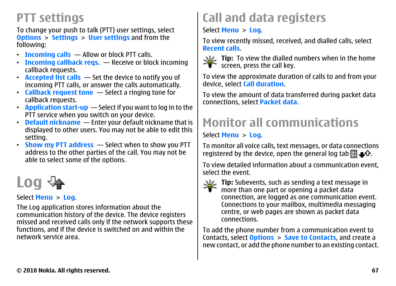 Ptt settings, Call and data registers, Monitor all communications | Nokia E55 User Manual | Page 67 / 170