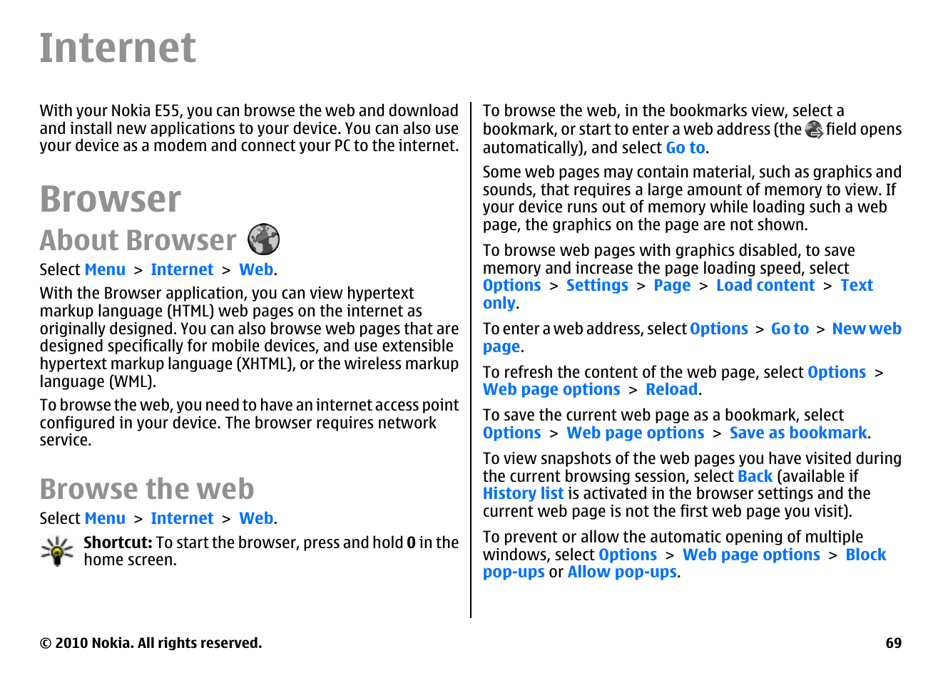 Internet, Browser, About browser | Browse the web | Nokia E55 User Manual | Page 69 / 170