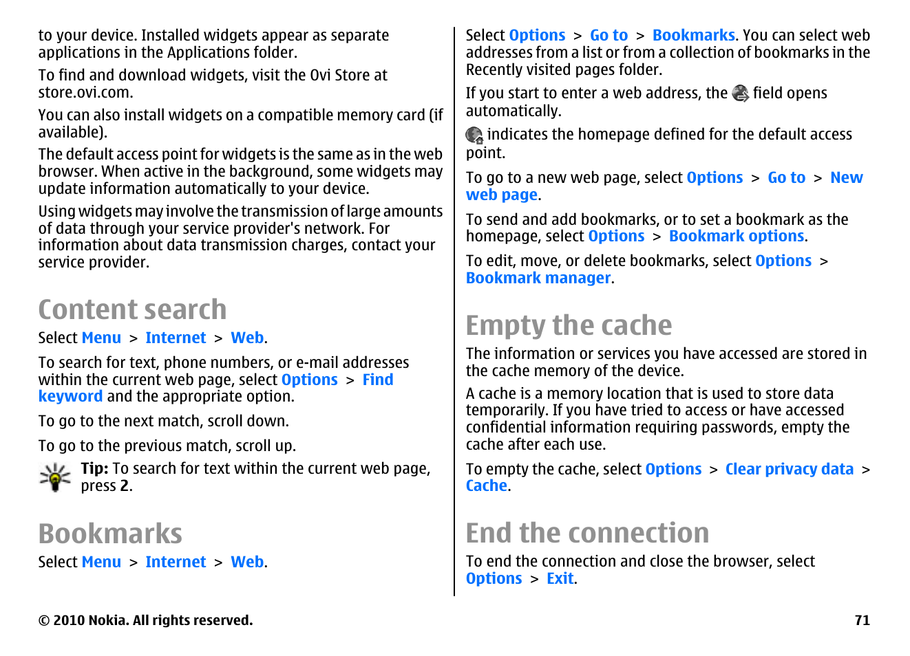 Content search, Bookmarks, Empty the cache | End the connection | Nokia E55 User Manual | Page 71 / 170