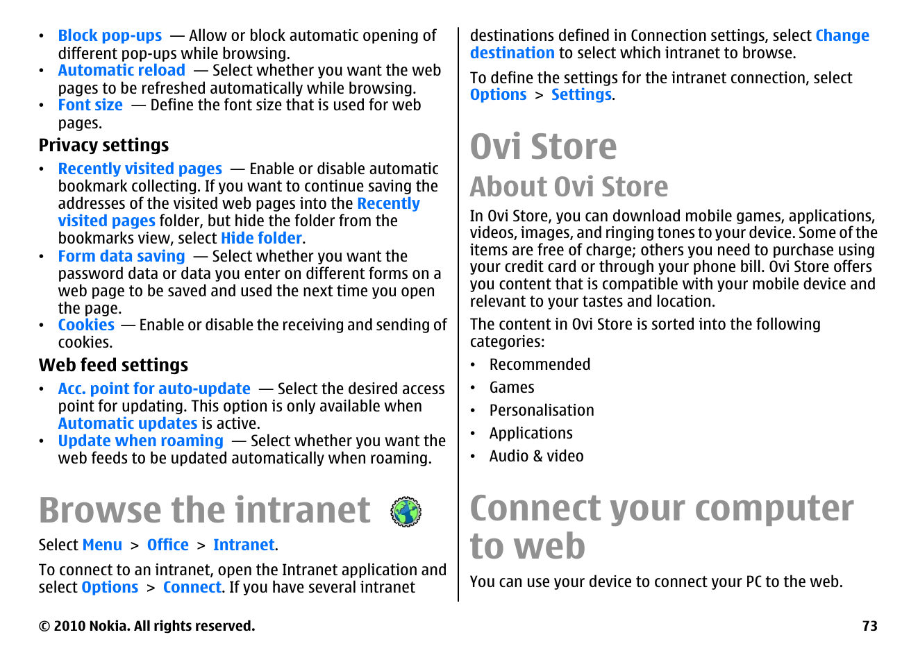 Browse the intranet, Ovi store, About ovi store | Connect your computer to web | Nokia E55 User Manual | Page 73 / 170