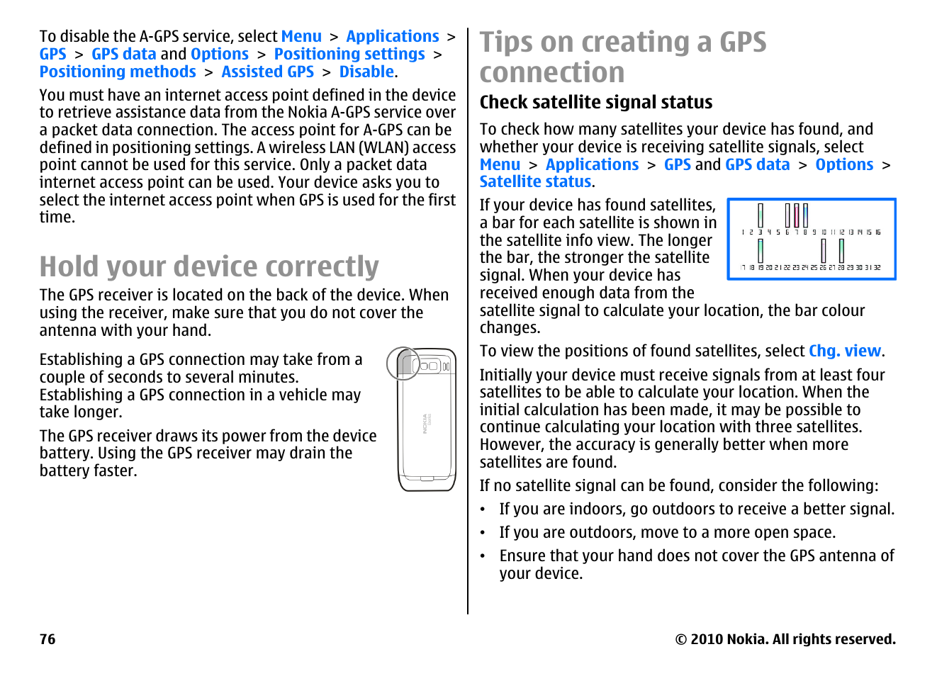 Hold your device correctly, Tips on creating a gps connection | Nokia E55 User Manual | Page 76 / 170