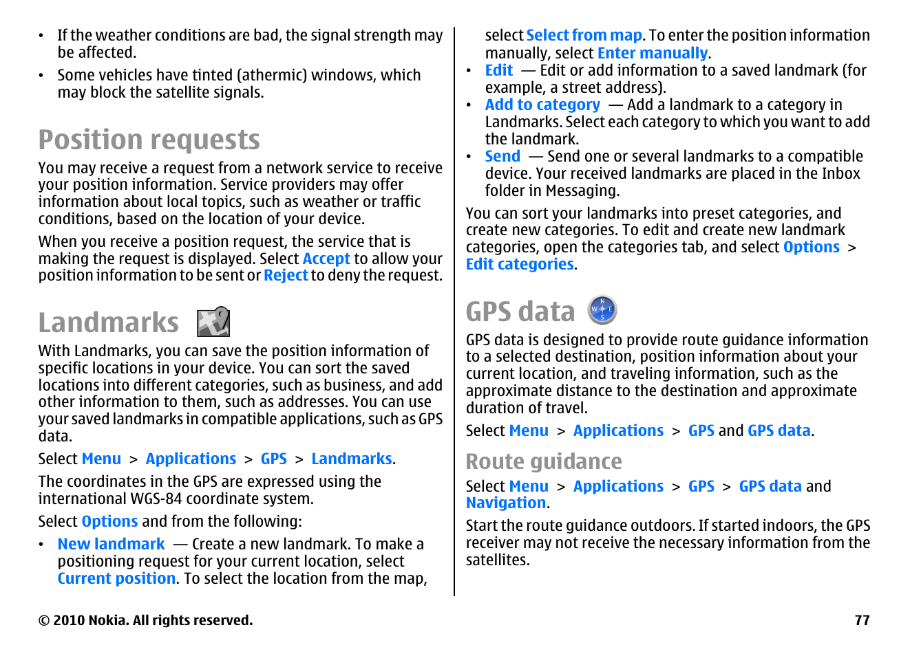 Position requests, Landmarks, Gps data | Route guidance | Nokia E55 User Manual | Page 77 / 170