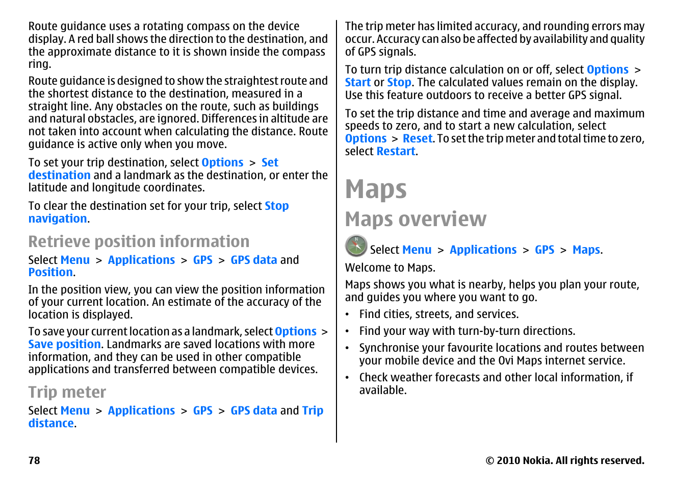 Retrieve position information, Trip meter, Maps | Maps overview | Nokia E55 User Manual | Page 78 / 170