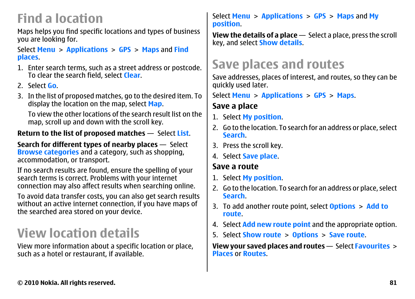 Find a location, View location details, Save places and routes | Nokia E55 User Manual | Page 81 / 170
