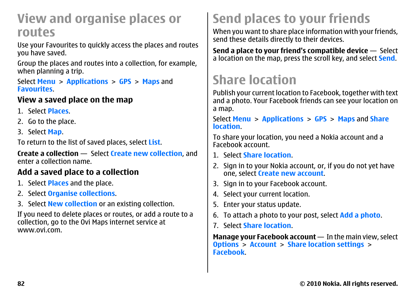 View and organise places or routes, Send places to your friends, Share location | Nokia E55 User Manual | Page 82 / 170