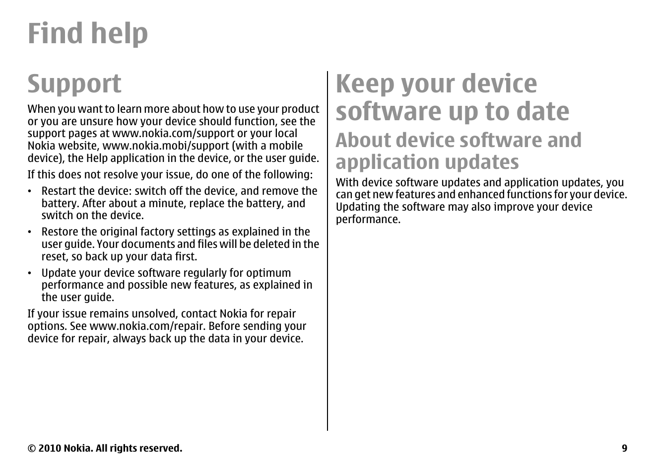 Find help, Support, Keep your device software up to date | About device software and application updates | Nokia E55 User Manual | Page 9 / 170