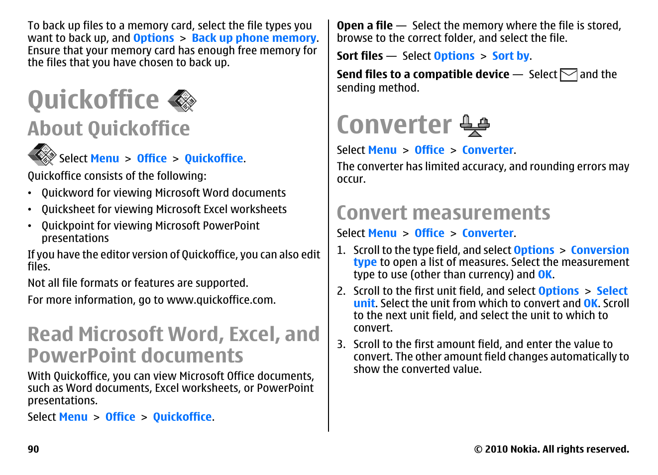 Quickoffice, About quickoffice, Converter | Convert measurements | Nokia E55 User Manual | Page 90 / 170