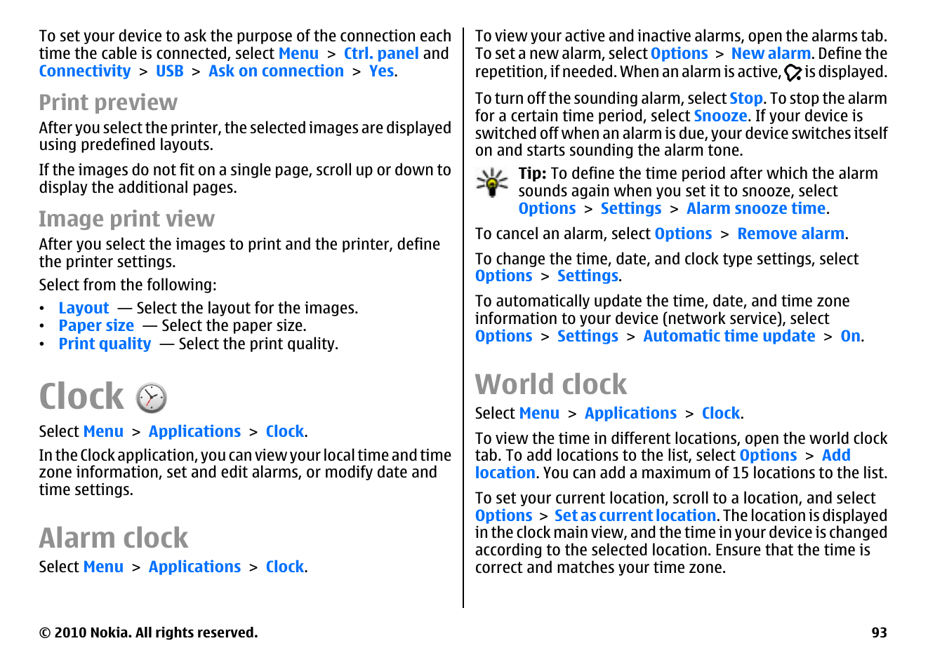 Print preview, Image print view, Clock | Alarm clock, World clock | Nokia E55 User Manual | Page 93 / 170