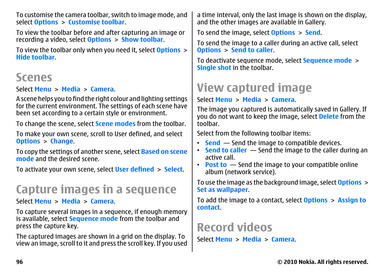 Scenes, Capture images in a sequence, View captured image | Record videos | Nokia E55 User Manual | Page 96 / 170