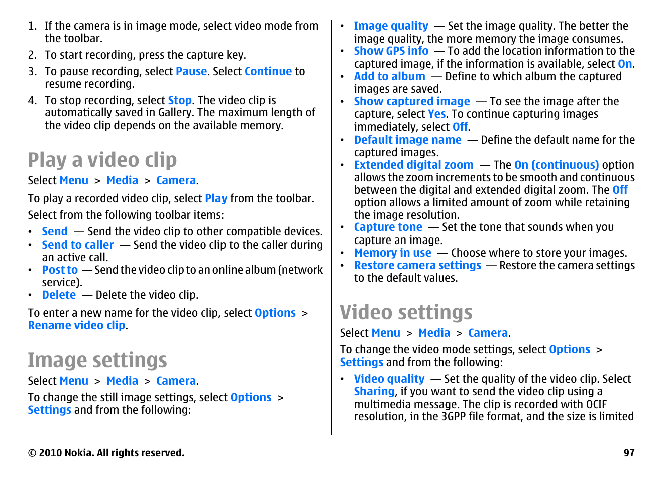 Play a video clip, Image settings, Video settings | Nokia E55 User Manual | Page 97 / 170