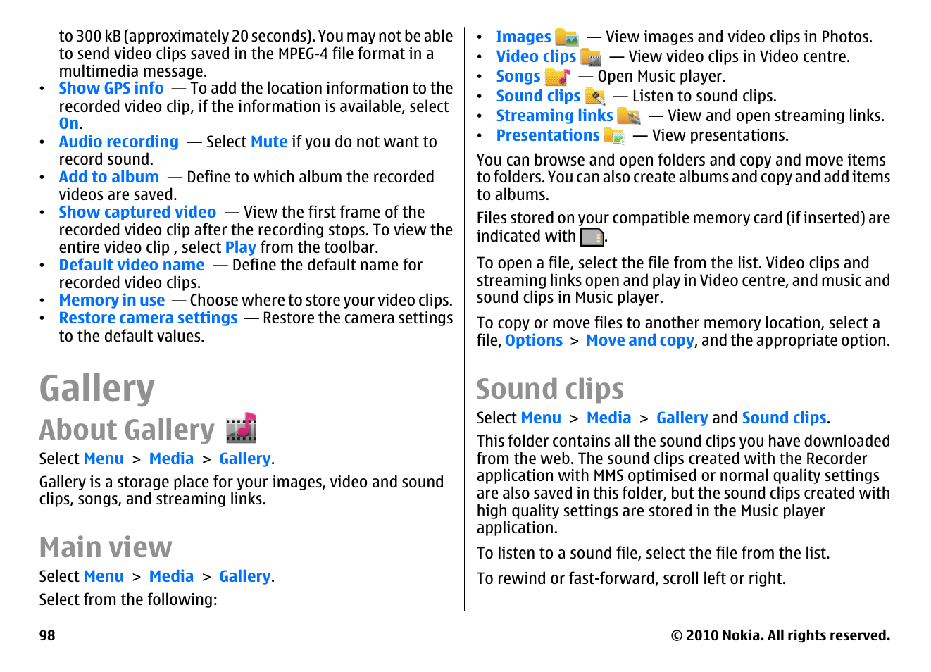 Gallery, About gallery, Main view | Sound clips | Nokia E55 User Manual | Page 98 / 170