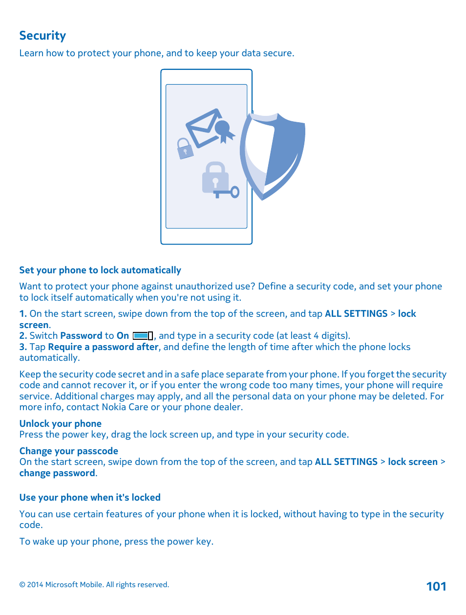 Security, Set your phone to lock automatically, Use your phone when it's locked | Security 101 | Nokia Lumia 630 User Manual | Page 101 / 110