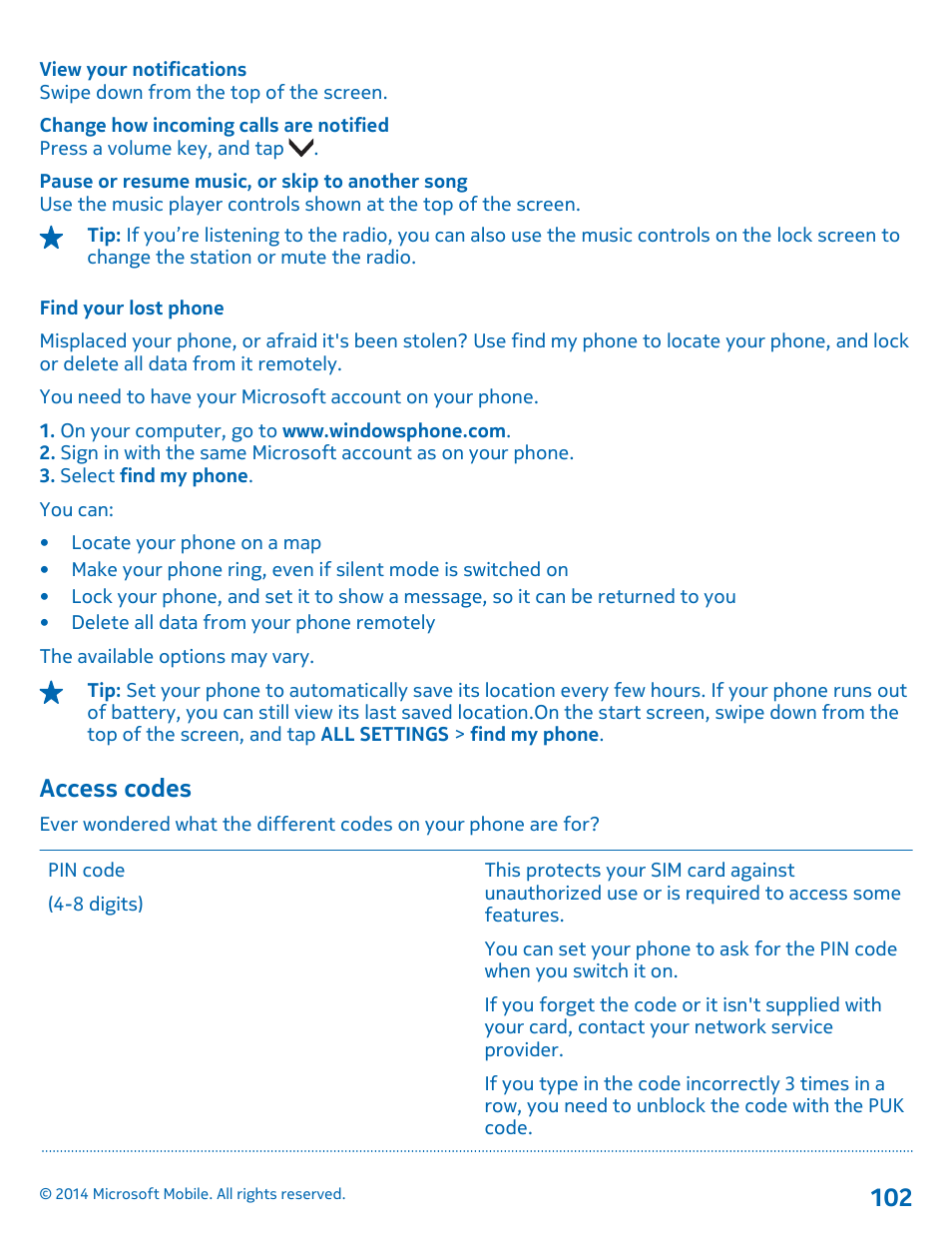 Find your lost phone, Access codes | Nokia Lumia 630 User Manual | Page 102 / 110