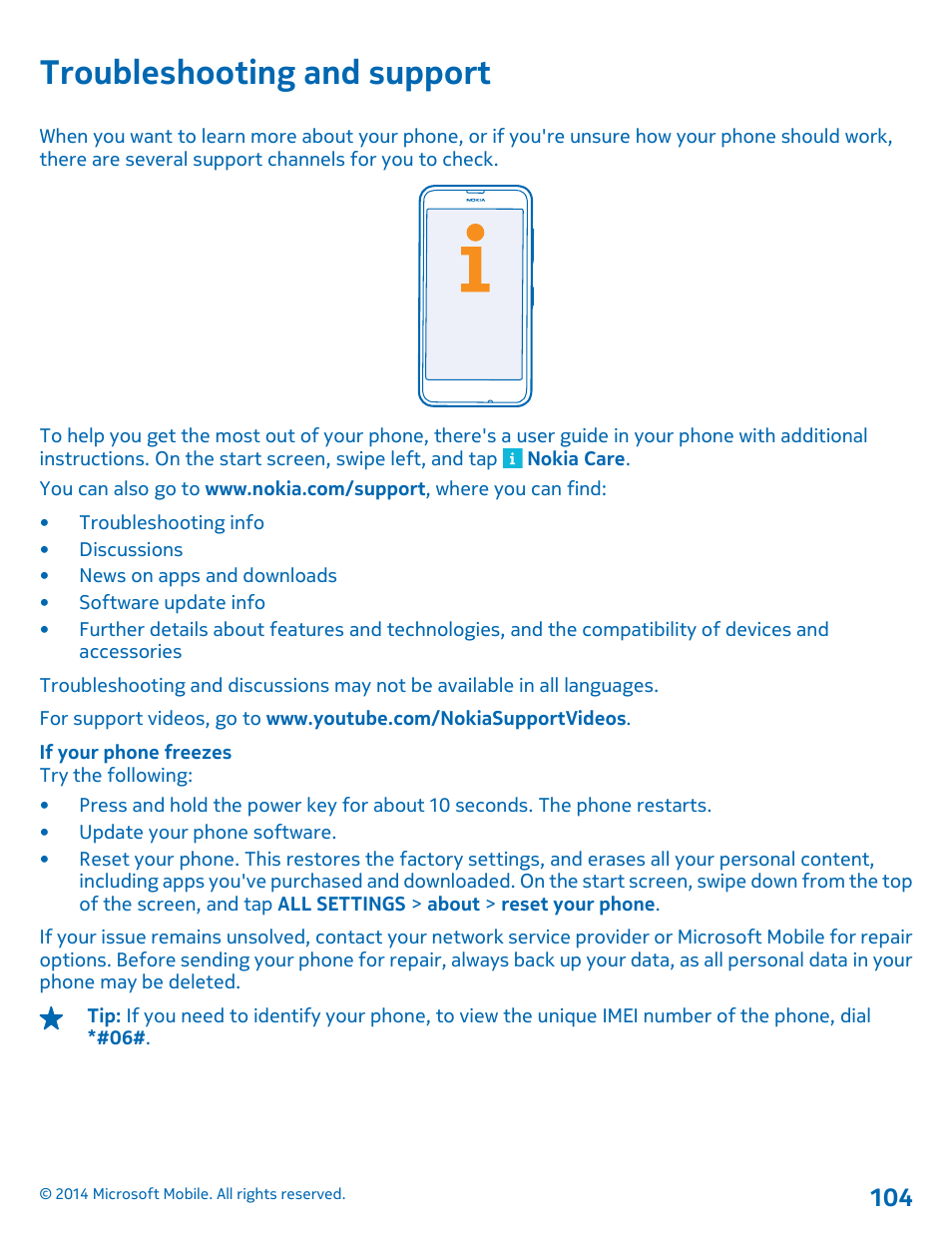 Troubleshooting and support | Nokia Lumia 630 User Manual | Page 104 / 110