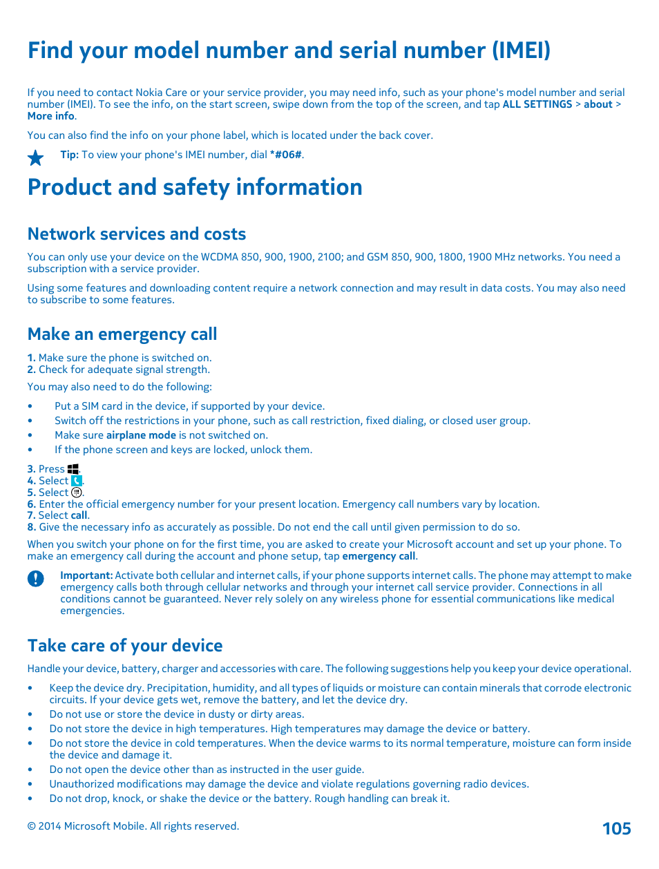 Find your model number and serial number (imei), Product and safety information, Network services and costs | Make an emergency call, Take care of your device, Find your model number and serial, Number (imei) | Nokia Lumia 630 User Manual | Page 105 / 110