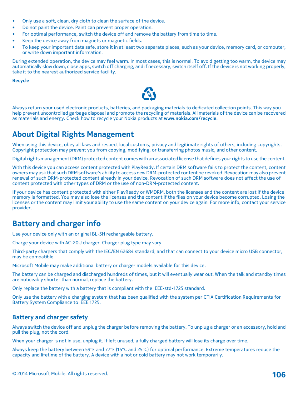 About digital rights management, Battery and charger info, Battery and charger safety | Nokia Lumia 630 User Manual | Page 106 / 110