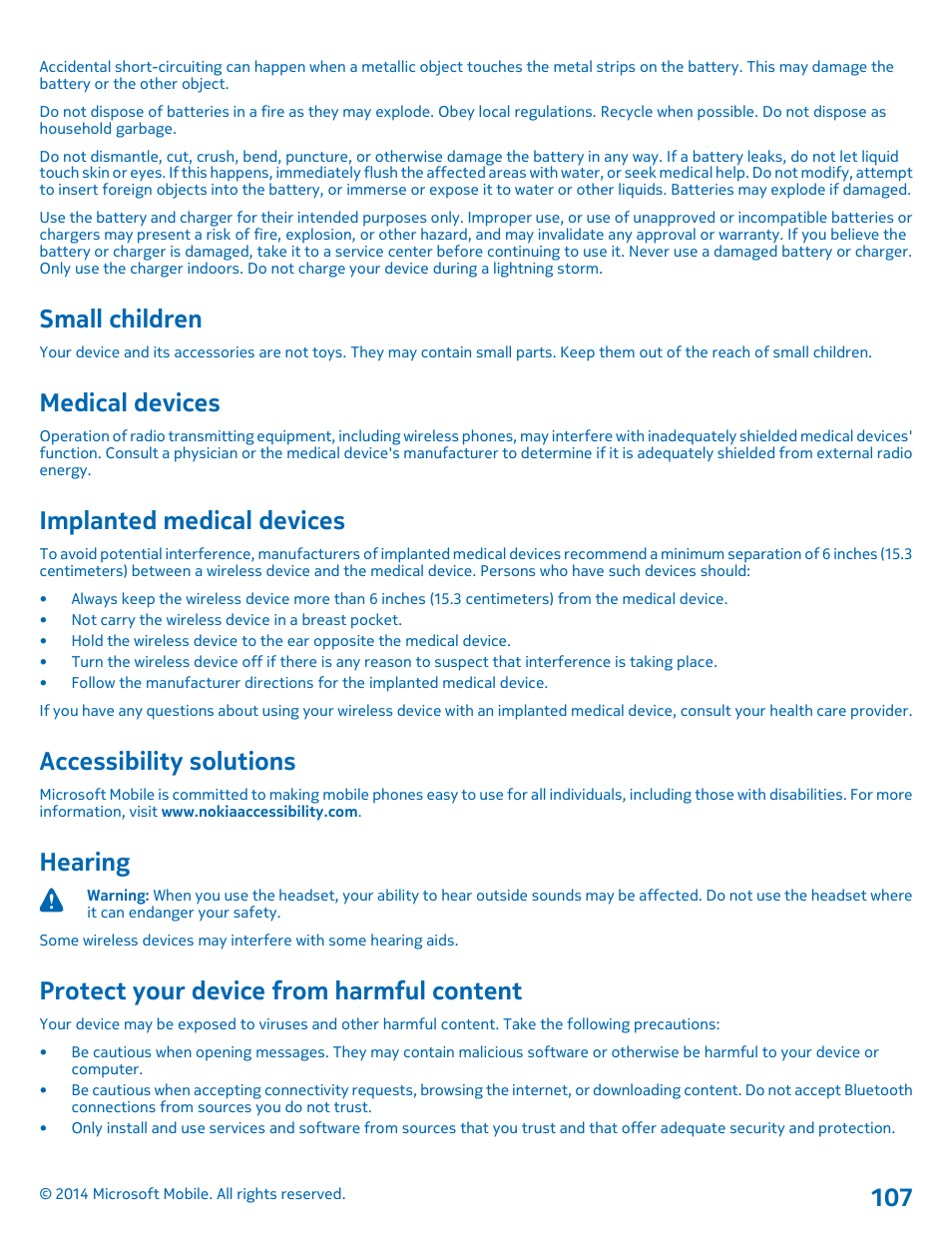 Small children, Medical devices, Implanted medical devices | Accessibility solutions, Hearing, Protect your device from harmful content | Nokia Lumia 630 User Manual | Page 107 / 110