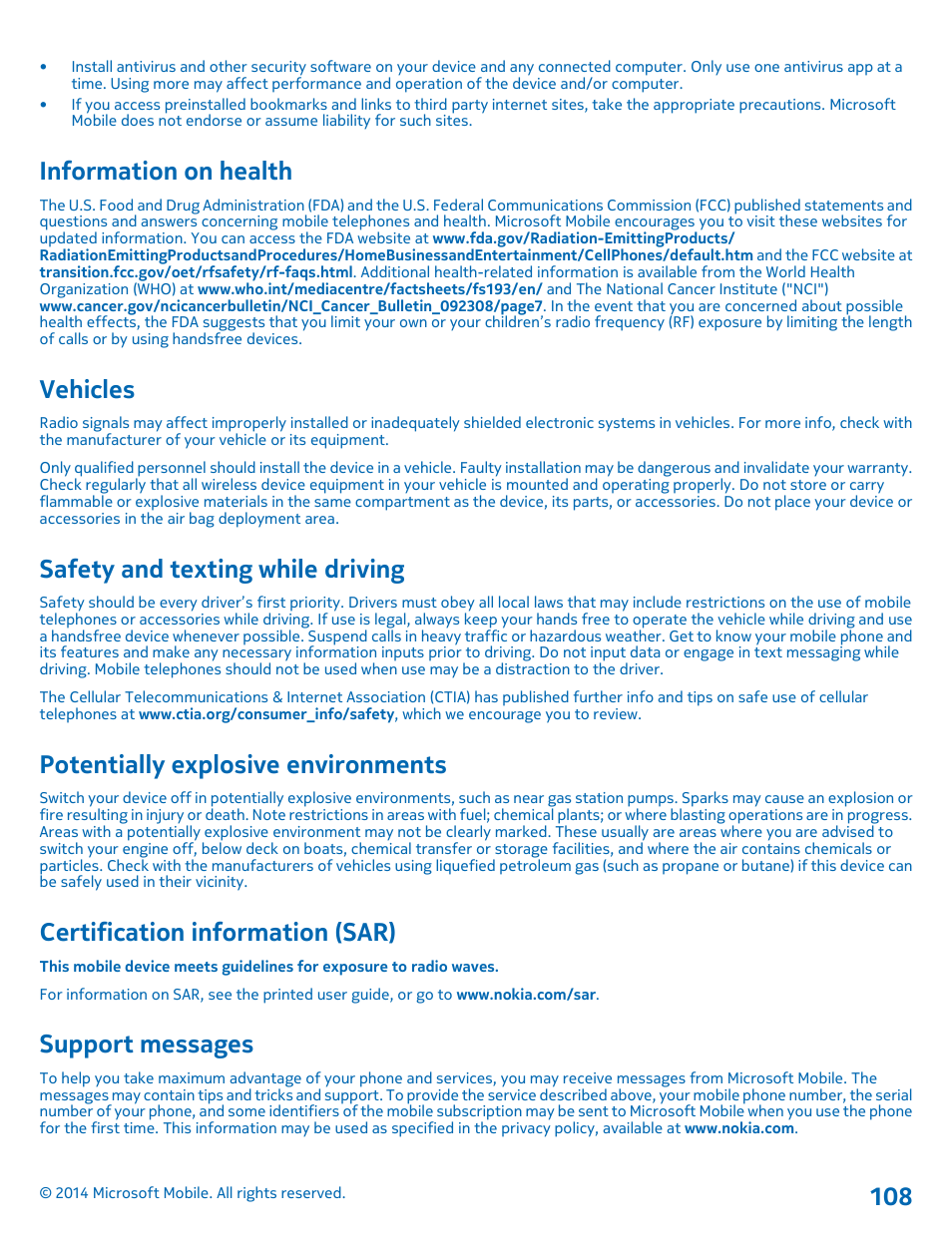 Information on health, Vehicles, Safety and texting while driving | Potentially explosive environments, Certification information (sar), Support messages | Nokia Lumia 630 User Manual | Page 108 / 110