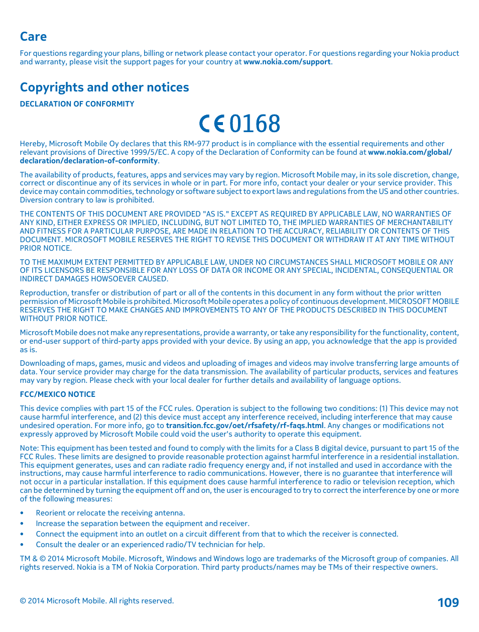 Care, Copyrights and other notices | Nokia Lumia 630 User Manual | Page 109 / 110