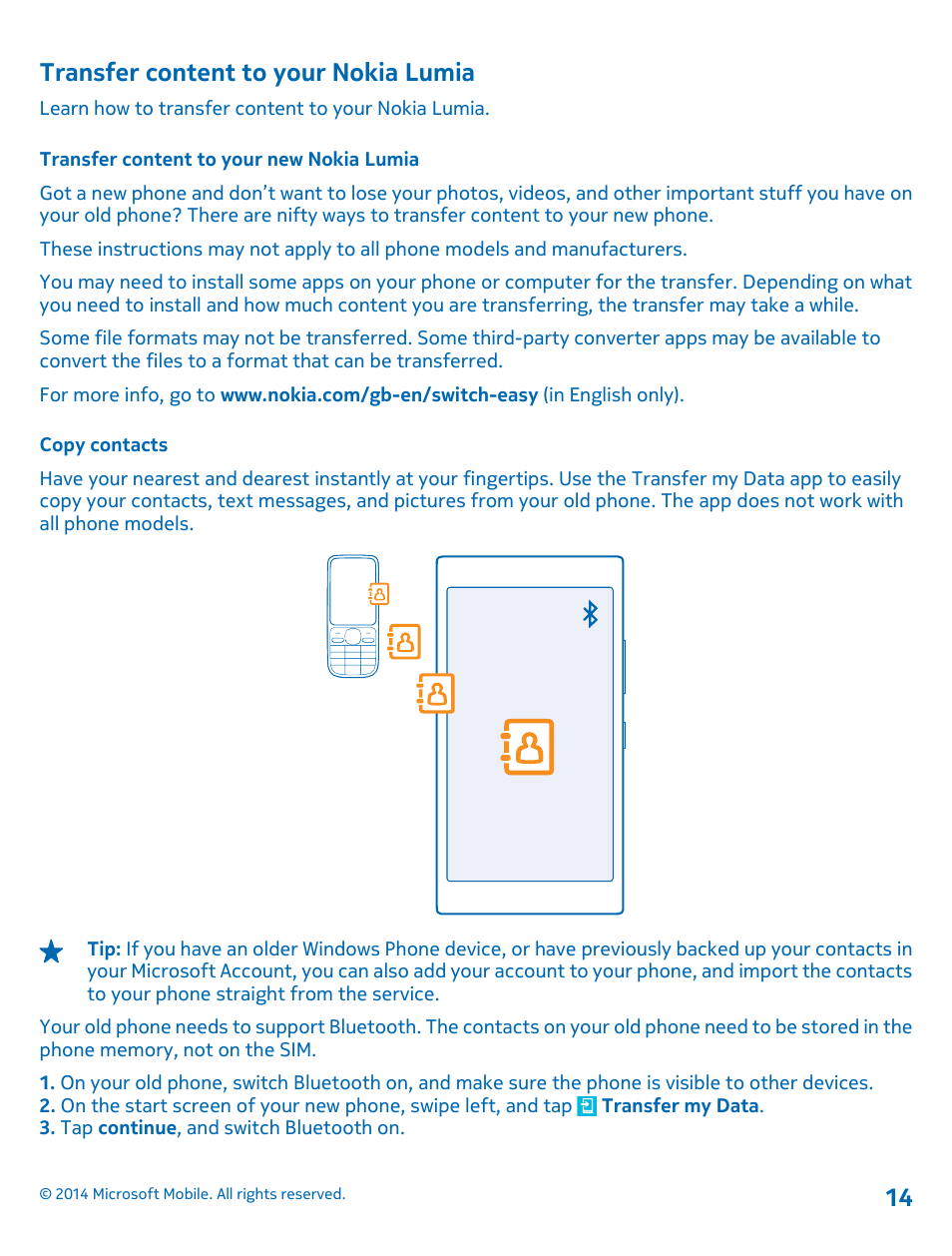 Transfer content to your nokia lumia, Transfer content to your new nokia lumia, Copy contacts | Nokia Lumia 630 User Manual | Page 14 / 110