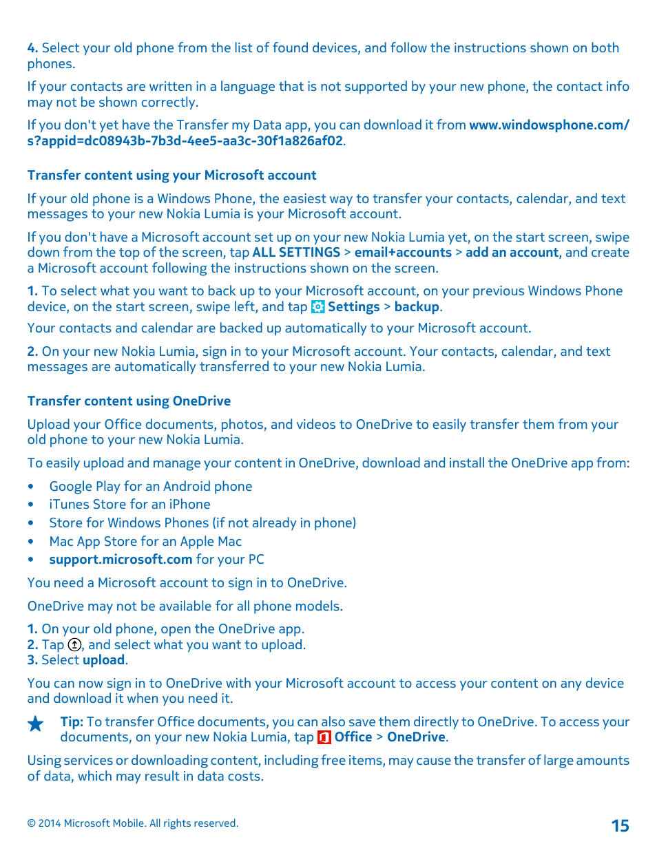 Transfer content using your microsoft account, Transfer content using onedrive | Nokia Lumia 630 User Manual | Page 15 / 110