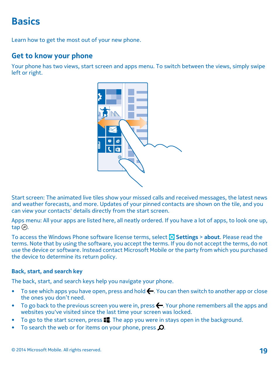 Basics, Get to know your phone, Back, start, and search key | Basics 19 get to know your phone | Nokia Lumia 630 User Manual | Page 19 / 110