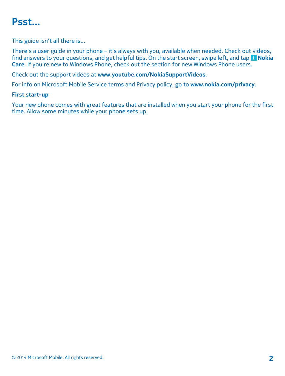 Psst | Nokia Lumia 630 User Manual | Page 2 / 110
