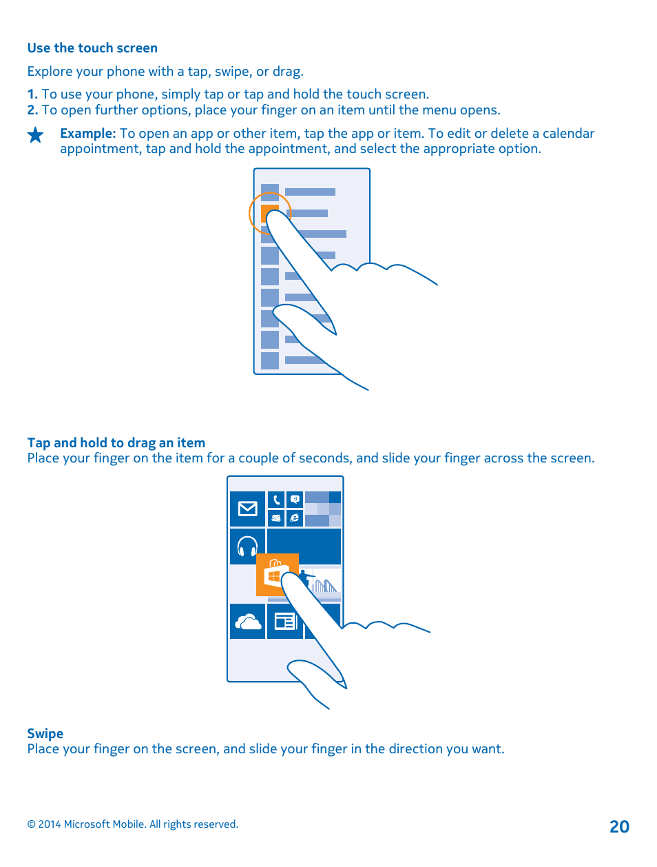 Use the touch screen | Nokia Lumia 630 User Manual | Page 20 / 110