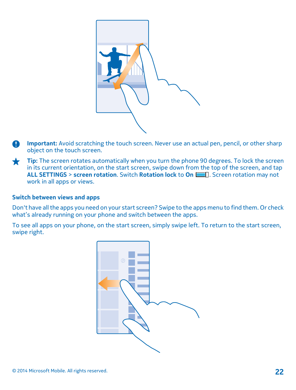 Switch between views and apps | Nokia Lumia 630 User Manual | Page 22 / 110