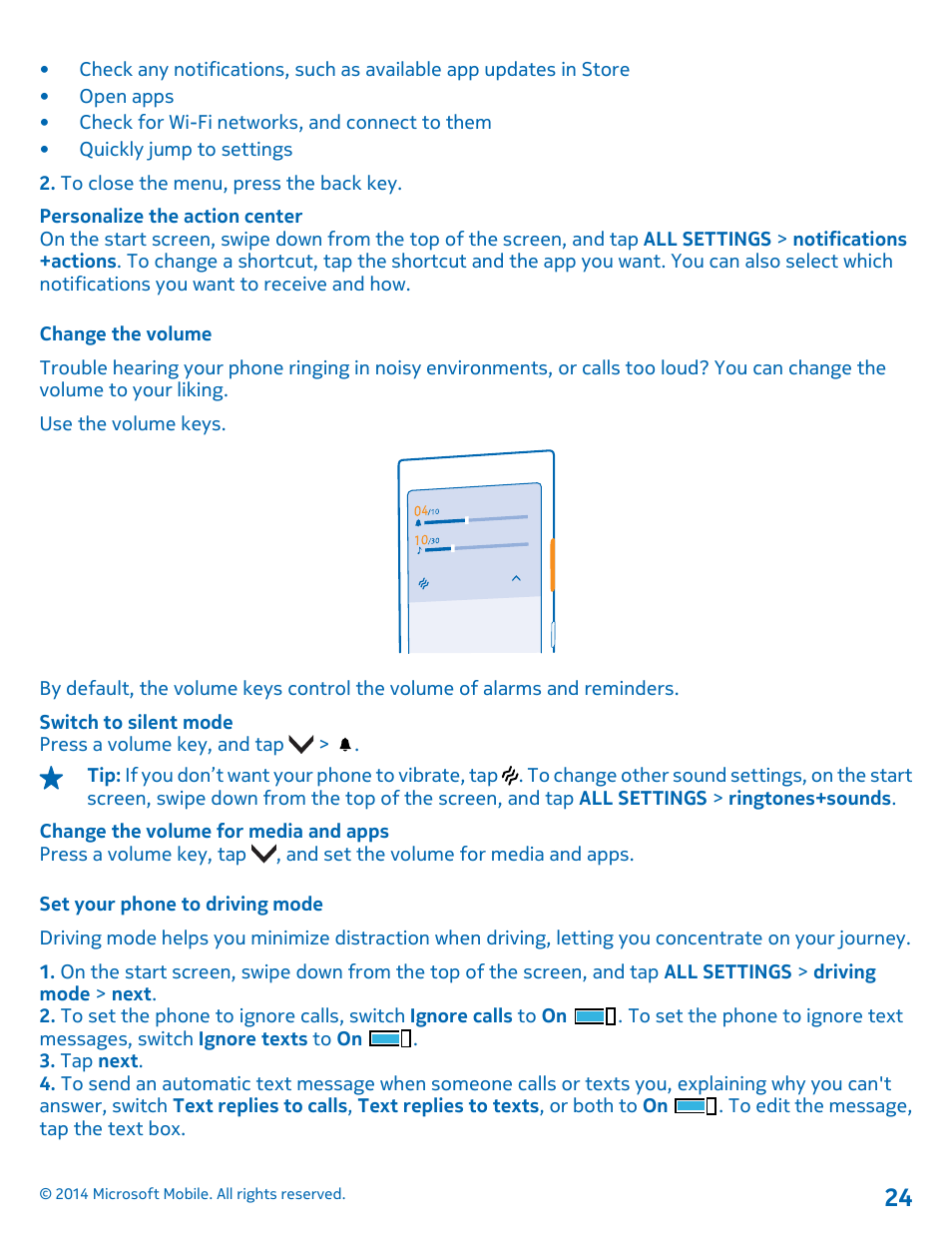 Change the volume, Set your phone to driving mode | Nokia Lumia 630 User Manual | Page 24 / 110