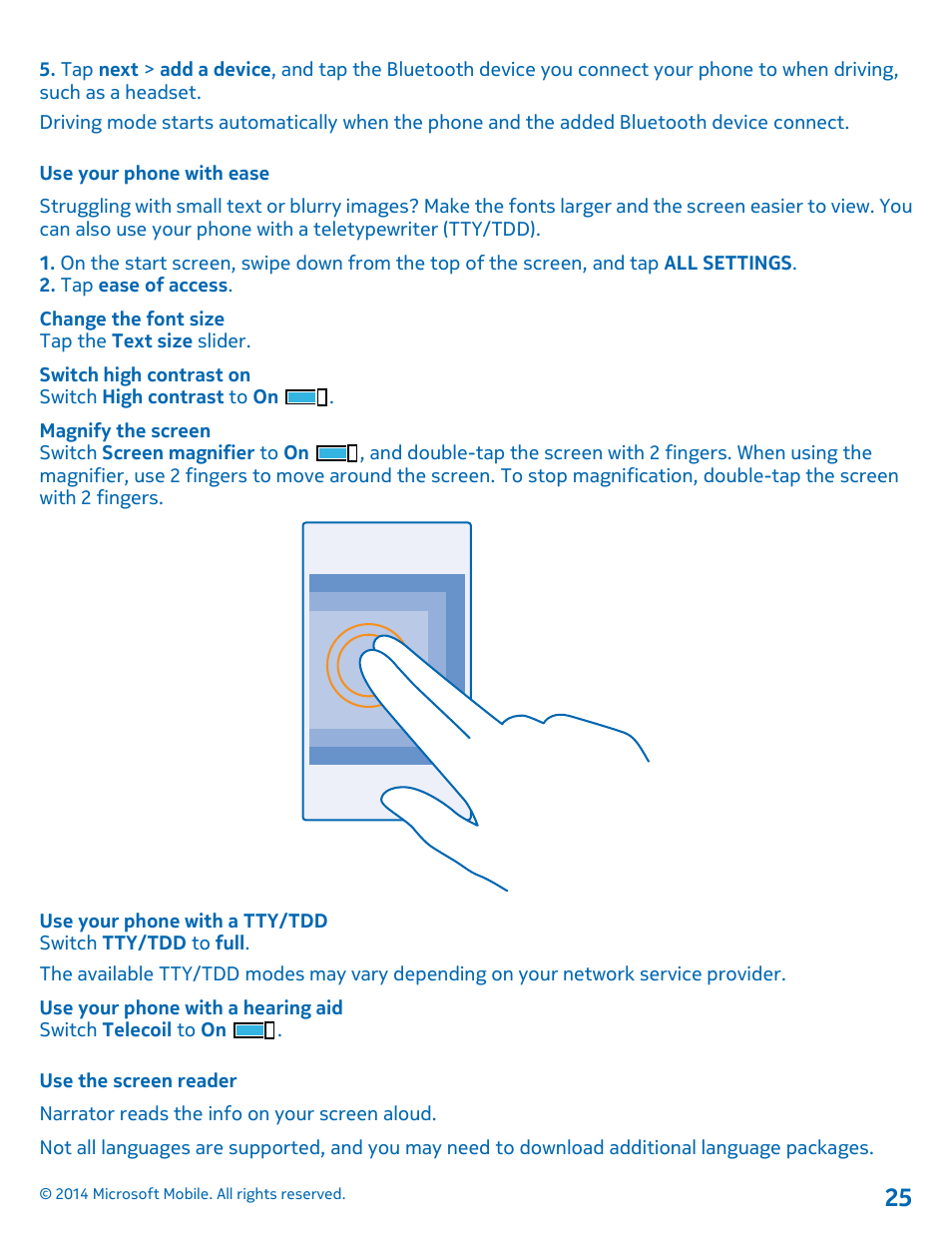 Use your phone with ease, Use the screen reader | Nokia Lumia 630 User Manual | Page 25 / 110