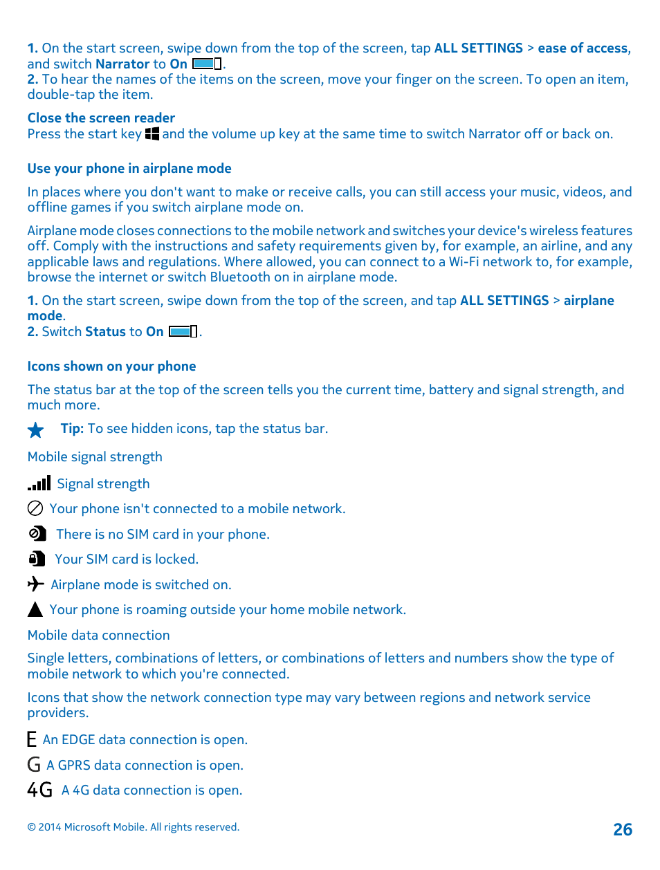 Use your phone in airplane mode, Icons shown on your phone | Nokia Lumia 630 User Manual | Page 26 / 110