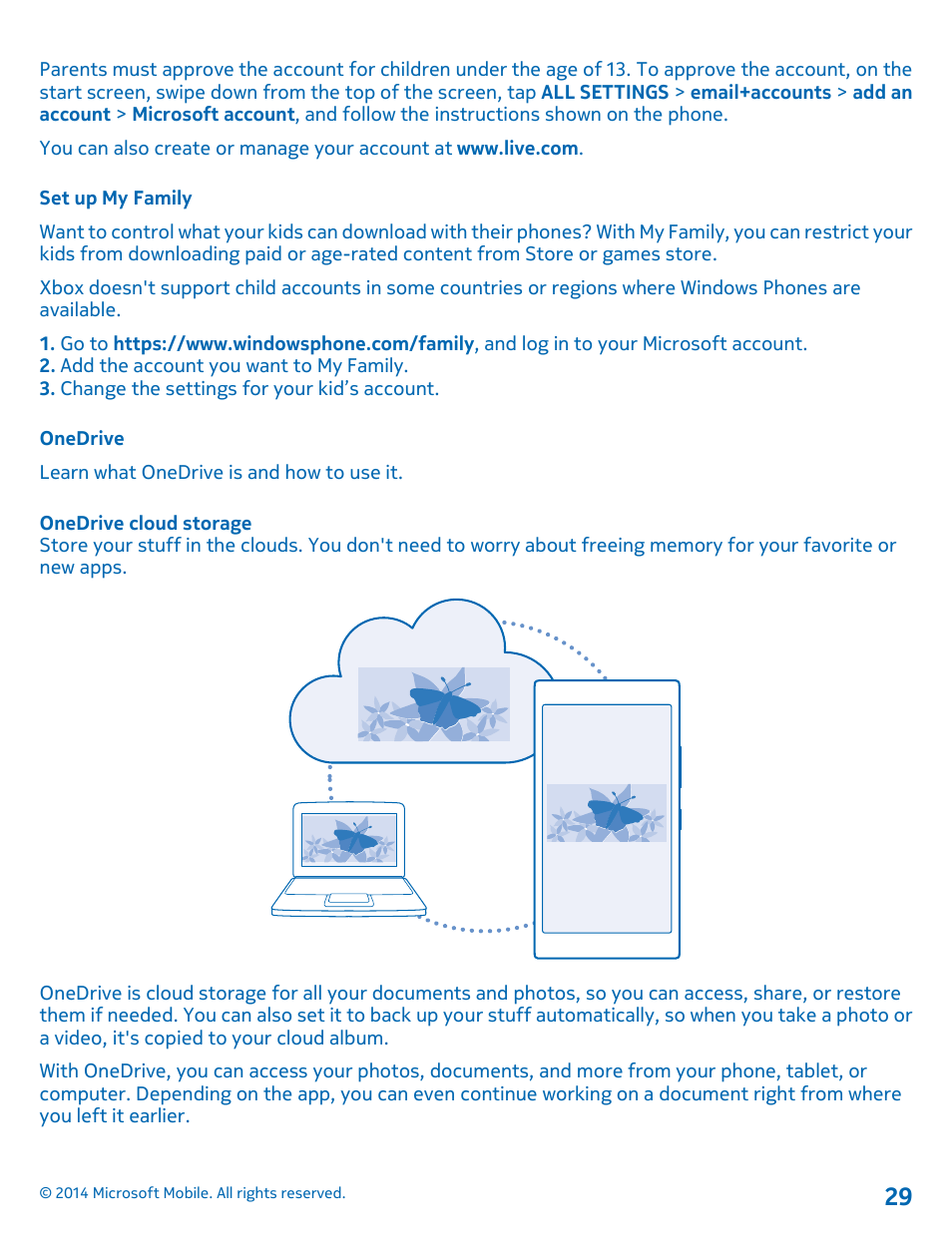 Set up my family, Onedrive, Onedrive cloud storage | Nokia Lumia 630 User Manual | Page 29 / 110