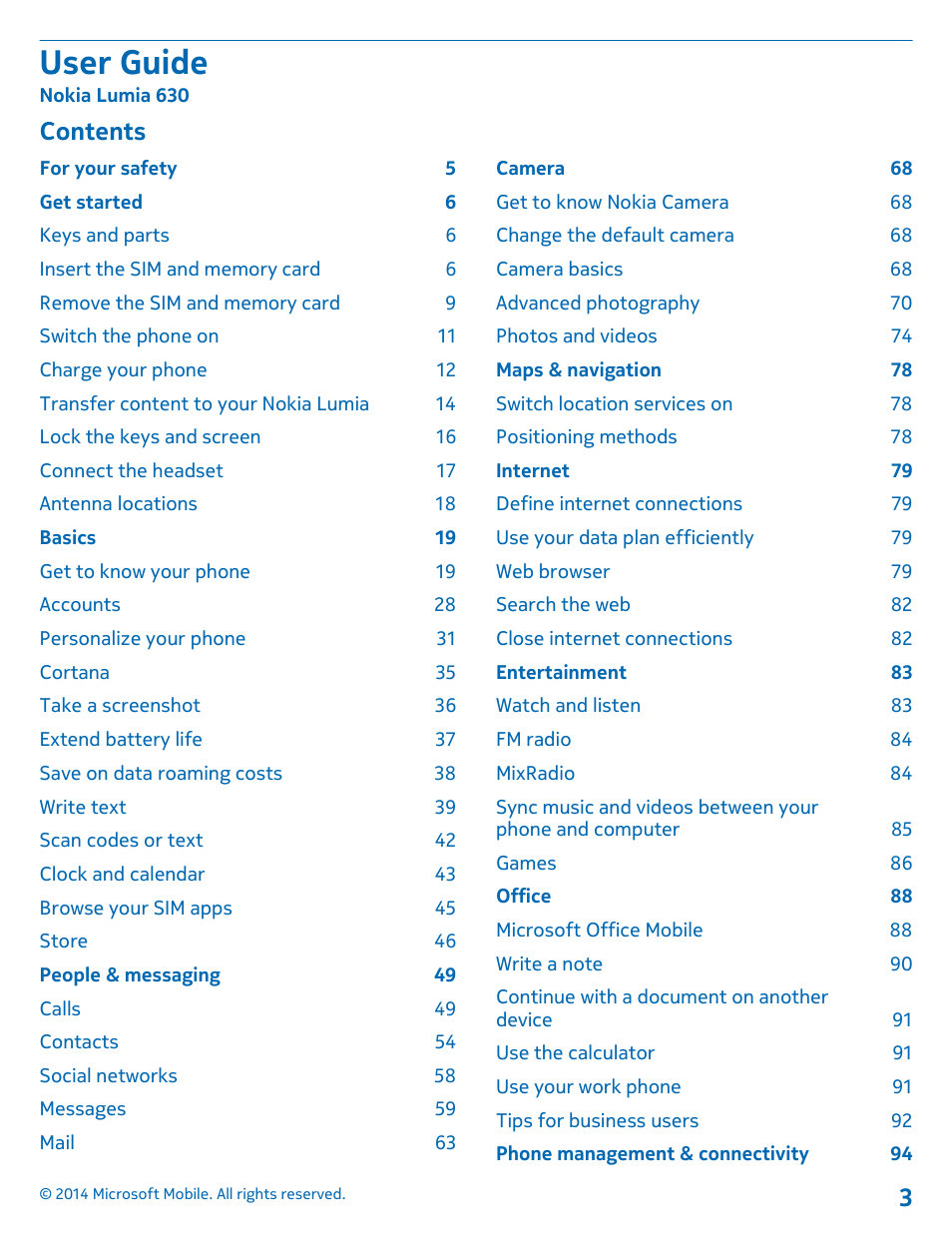 Nokia Lumia 630 User Manual | Page 3 / 110