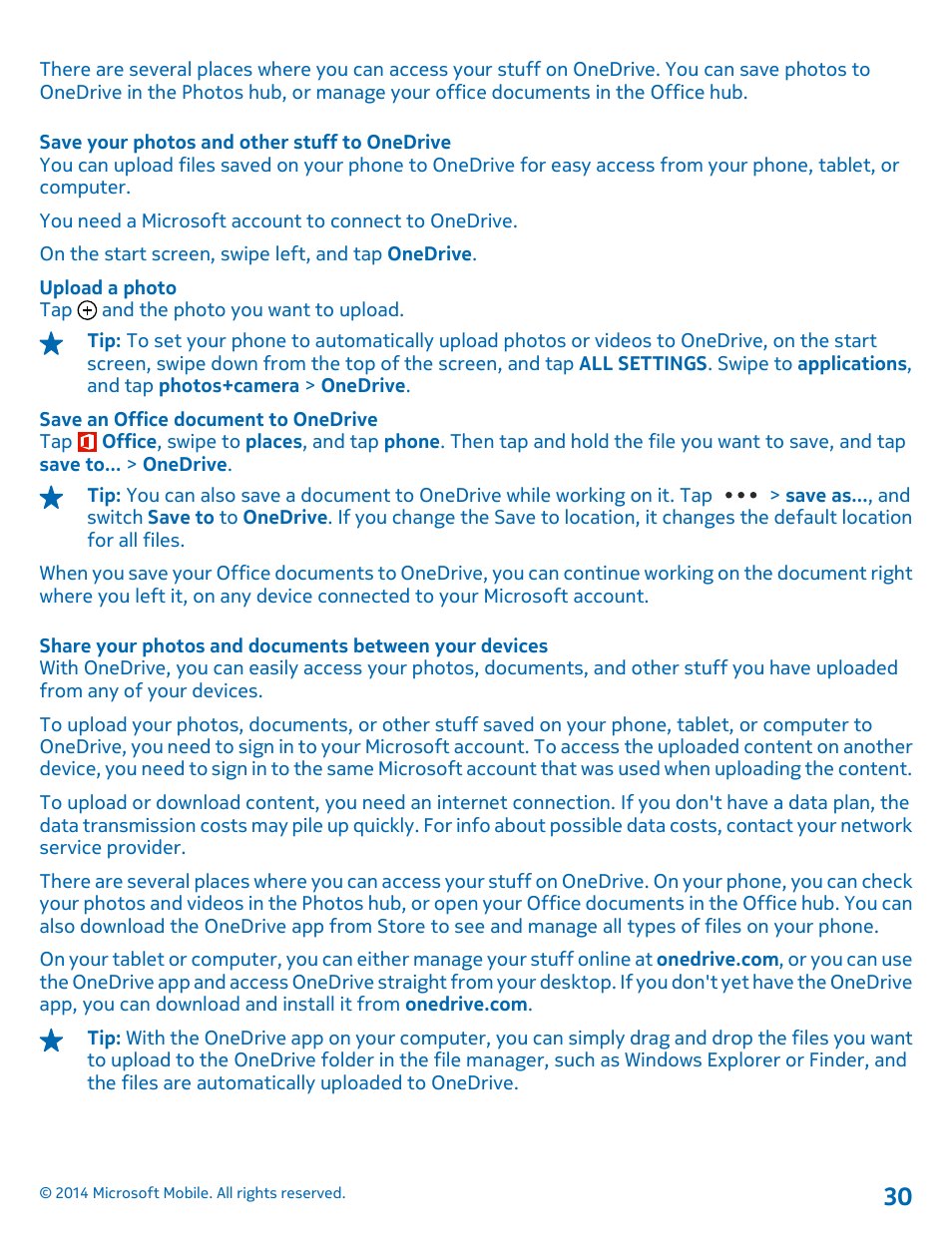 Save your photos and other stuff to onedrive | Nokia Lumia 630 User Manual | Page 30 / 110