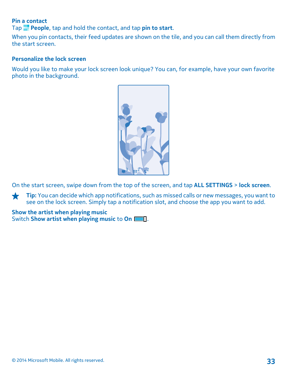 Personalize the lock screen | Nokia Lumia 630 User Manual | Page 33 / 110