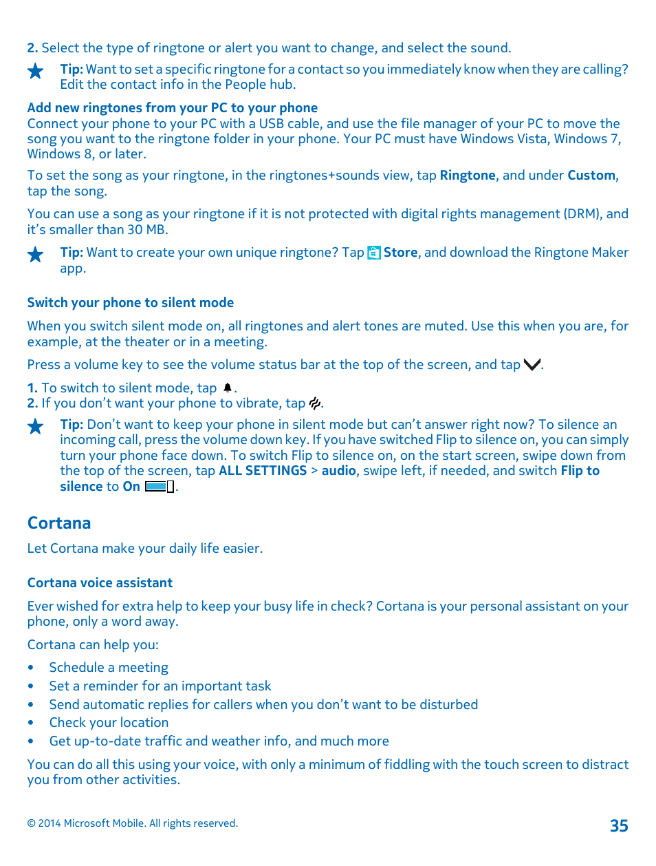 Switch your phone to silent mode, Cortana, Cortana voice assistant | Cortana 35 | Nokia Lumia 630 User Manual | Page 35 / 110