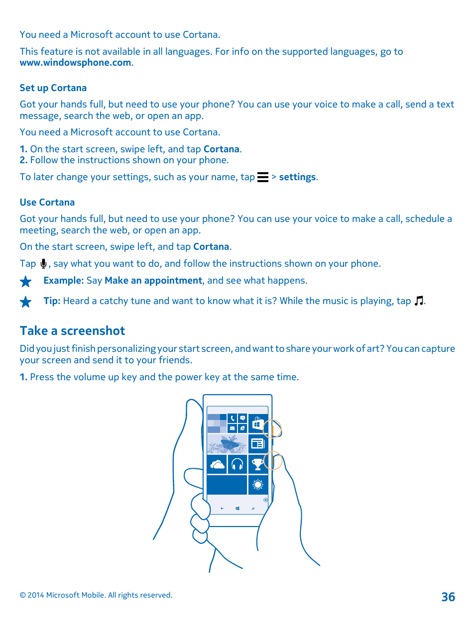 Set up cortana, Use cortana, Take a screenshot | Nokia Lumia 630 User Manual | Page 36 / 110