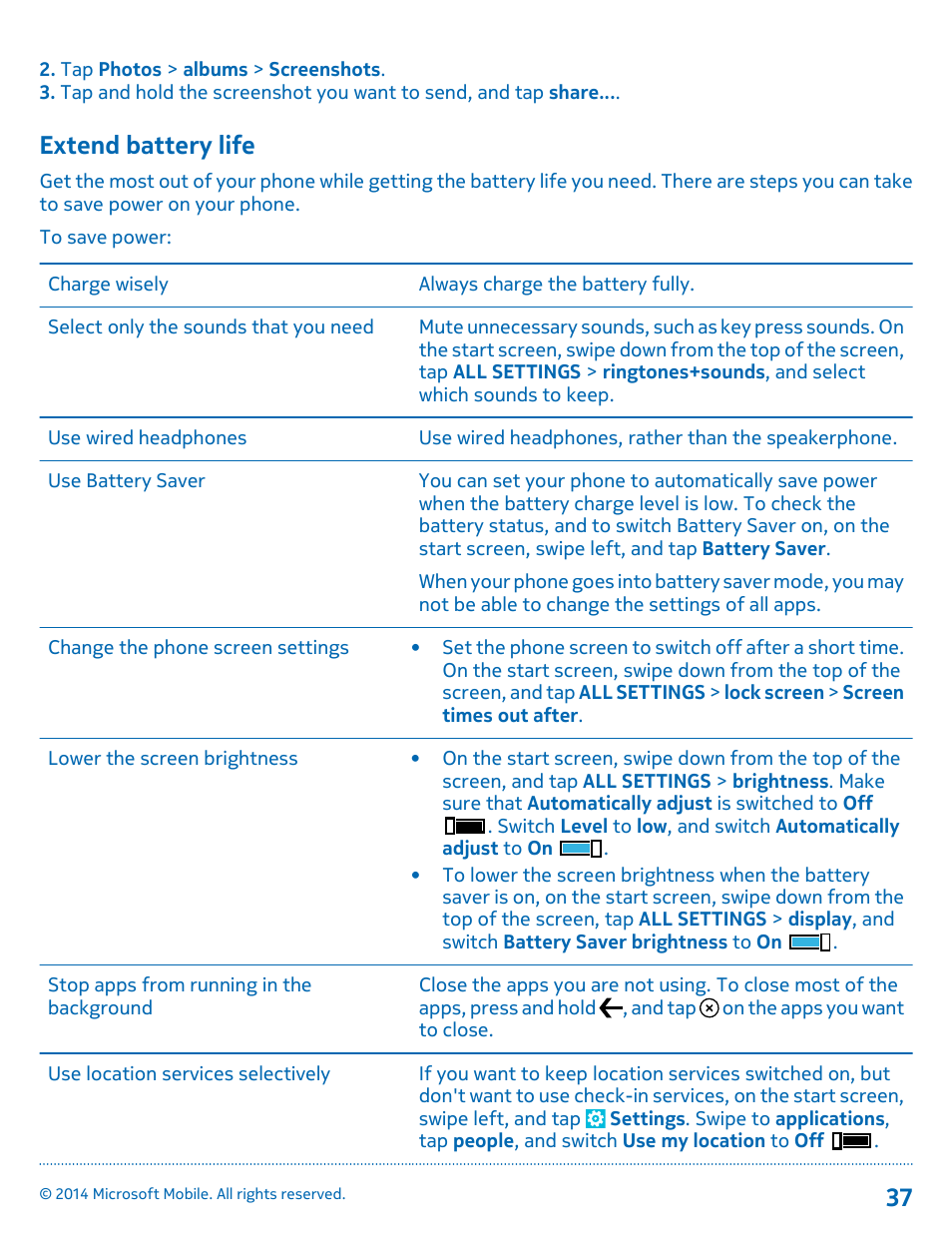 Extend battery life | Nokia Lumia 630 User Manual | Page 37 / 110