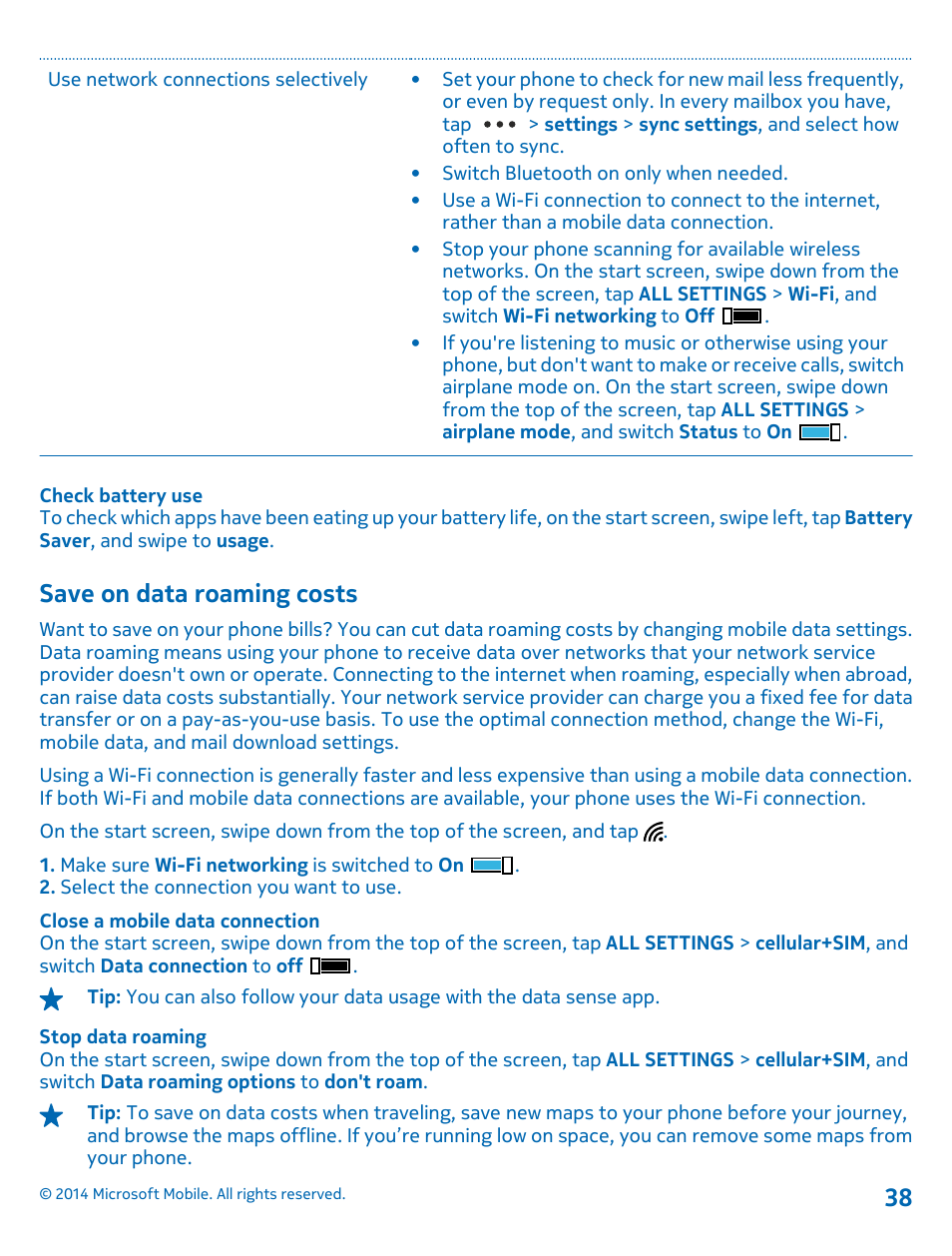 Save on data roaming costs | Nokia Lumia 630 User Manual | Page 38 / 110