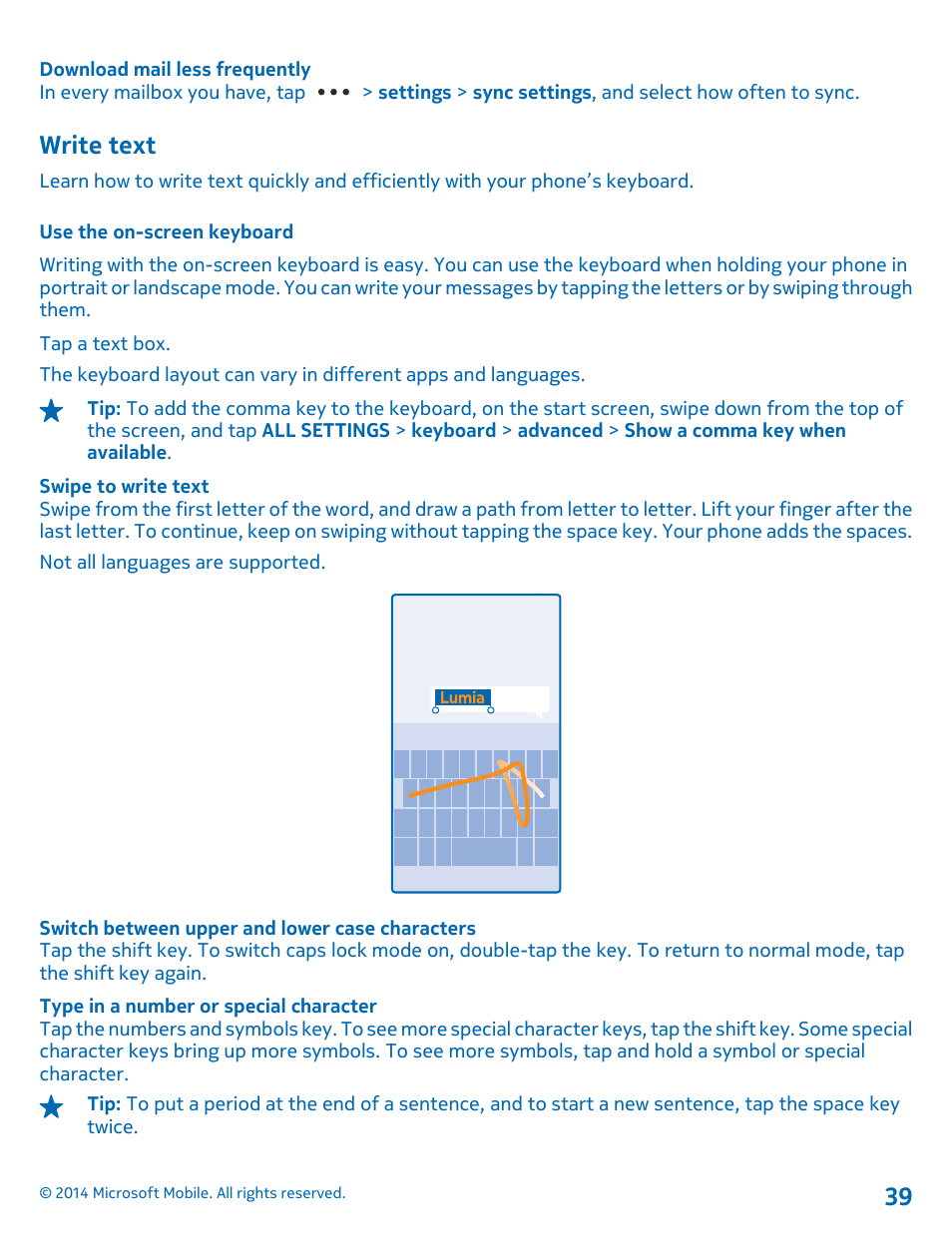 Write text, Use the on-screen keyboard | Nokia Lumia 630 User Manual | Page 39 / 110