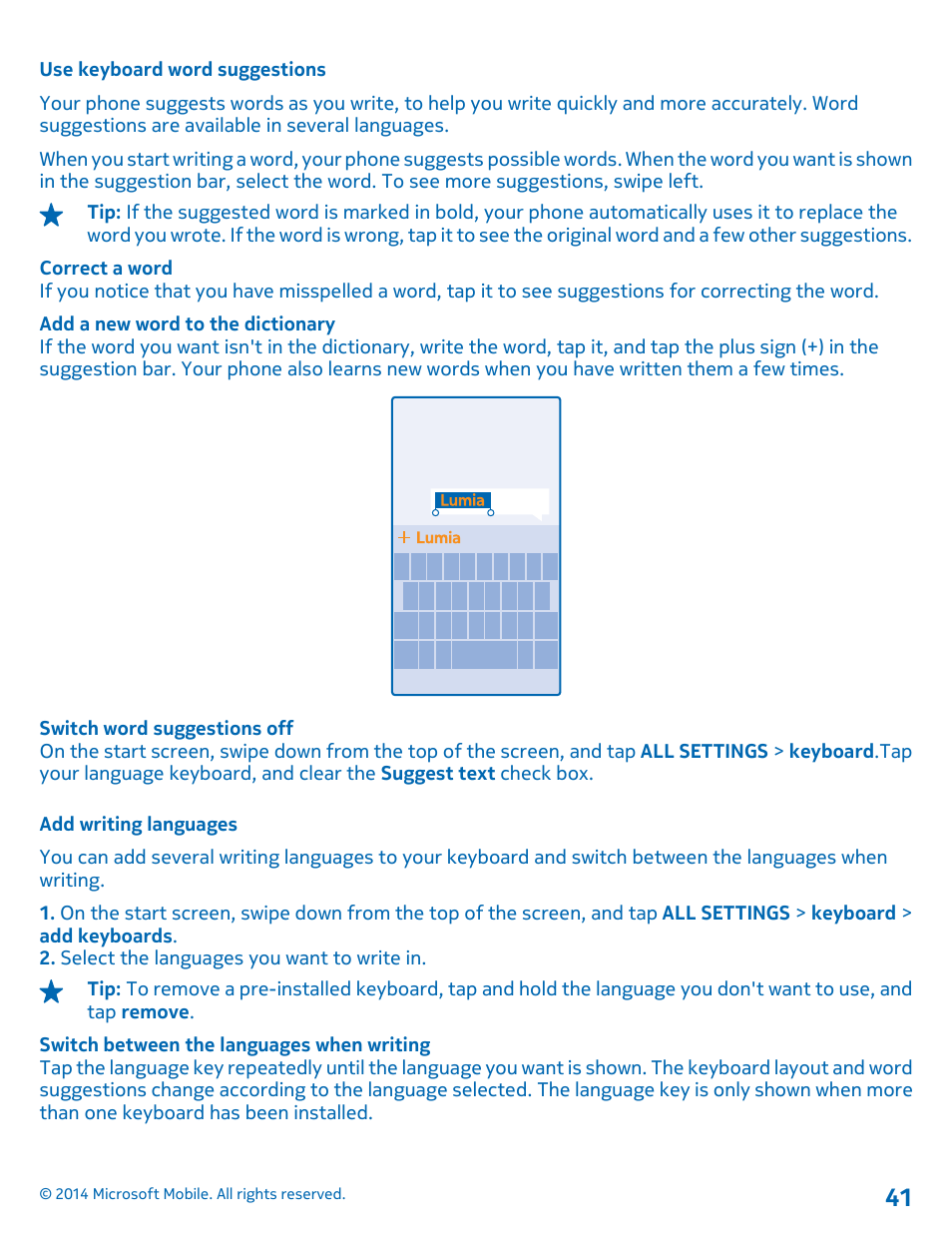 Use keyboard word suggestions, Add writing languages | Nokia Lumia 630 User Manual | Page 41 / 110