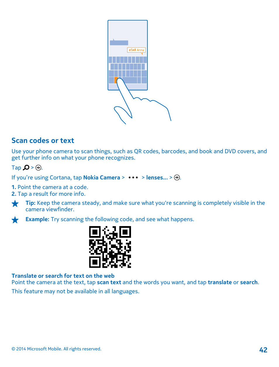 Scan codes or text | Nokia Lumia 630 User Manual | Page 42 / 110