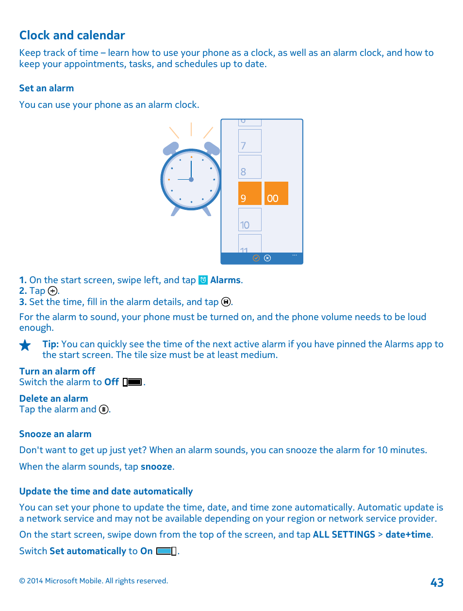 Clock and calendar, Set an alarm, Snooze an alarm | Update the time and date automatically | Nokia Lumia 630 User Manual | Page 43 / 110